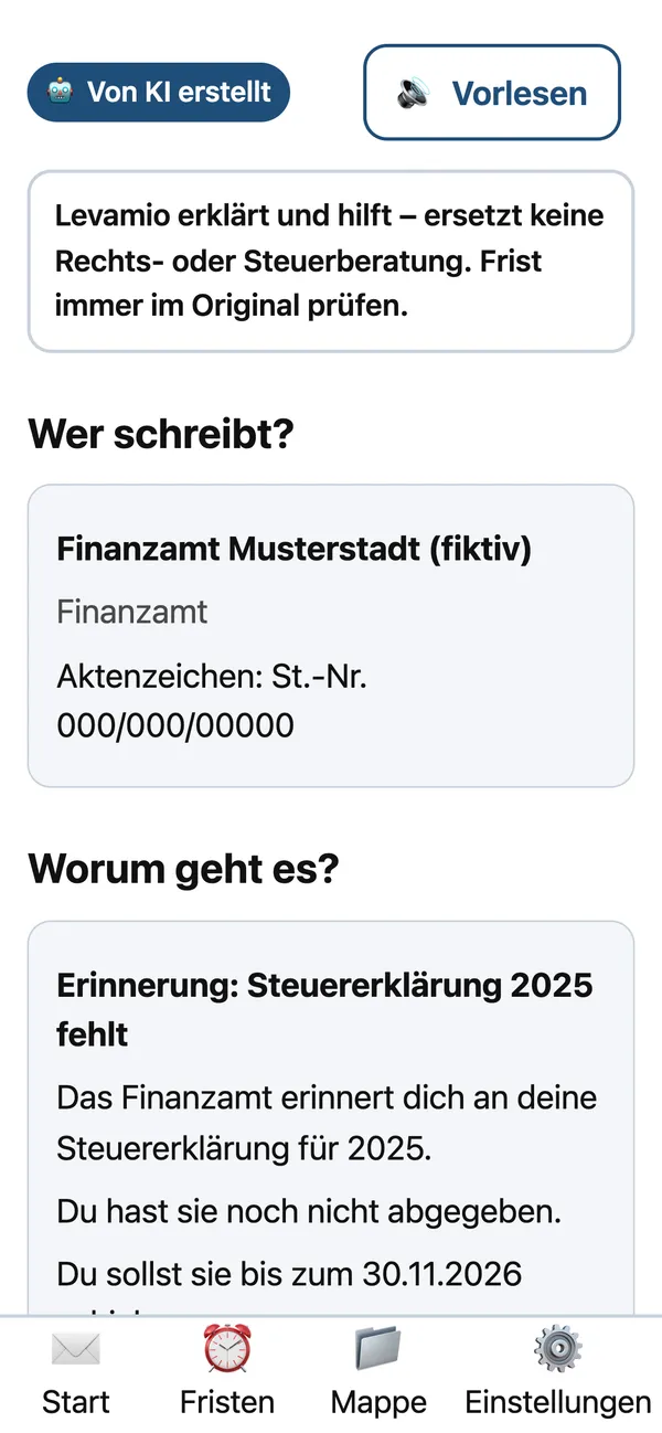 Brief-Erklärer: Ergebnis zu einem Musterbrief vom Finanzamt, gekennzeichnet als „Von KI erstellt“, mit Absender und worum es geht.