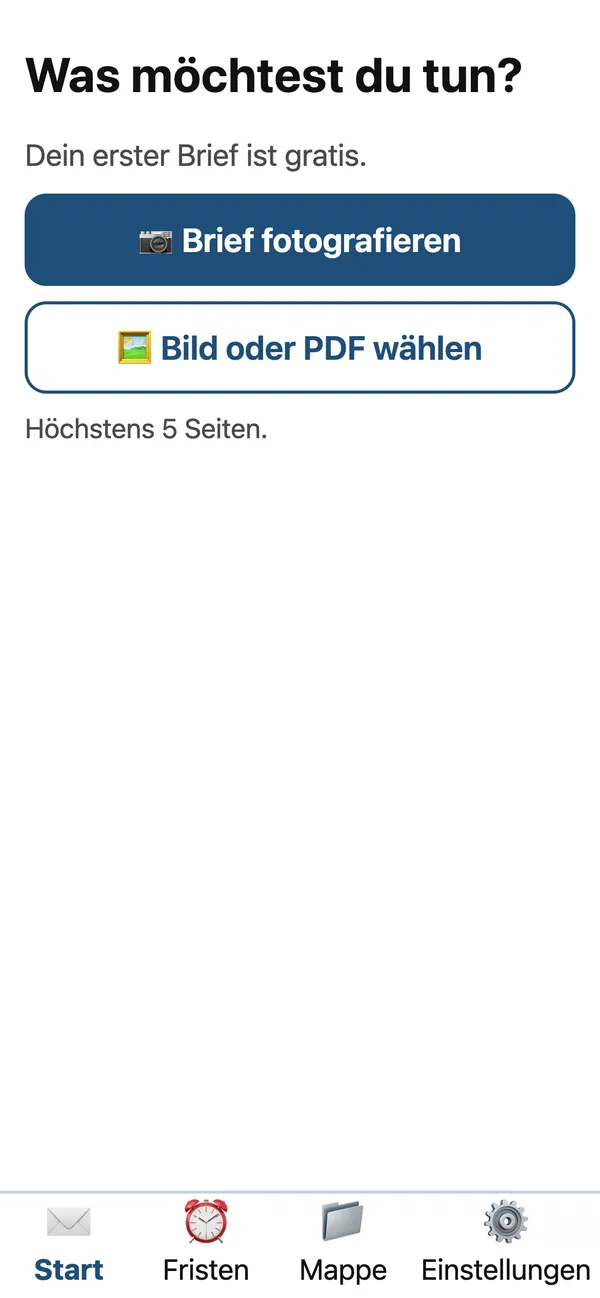 Startbildschirm des Brief-Erklärers: Brief fotografieren oder Bild bzw. PDF wählen.